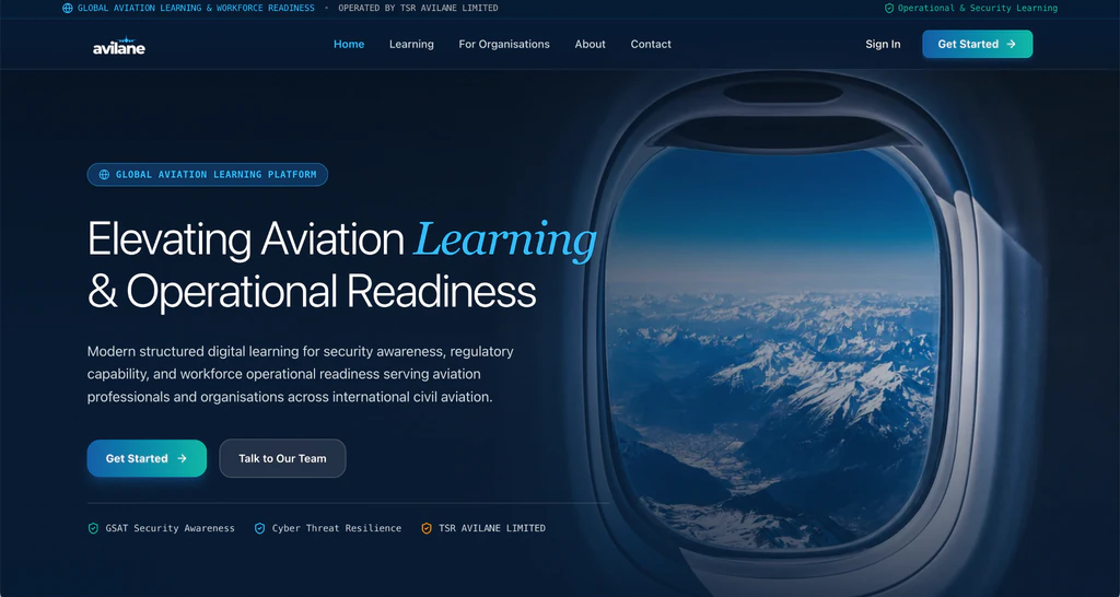 Avilane homepage: headline “Elevating aviation learning & operational readiness” beside an aircraft window view.