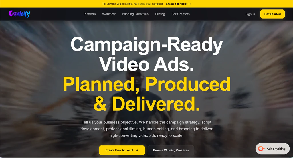 Createify homepage: headline “Campaign-ready video ads. Planned, produced & delivered.” over a motion-blurred video frame.