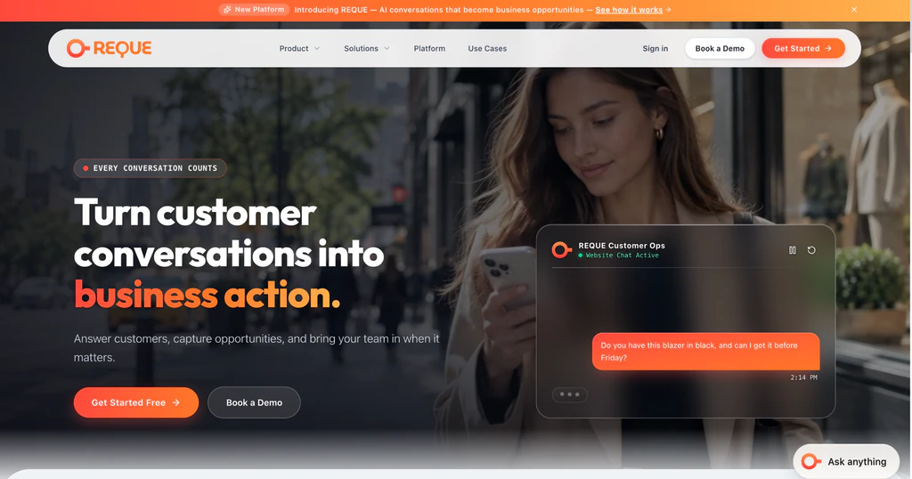 REQUE homepage: headline “Turn customer conversations into business action.” beside a website chat panel.