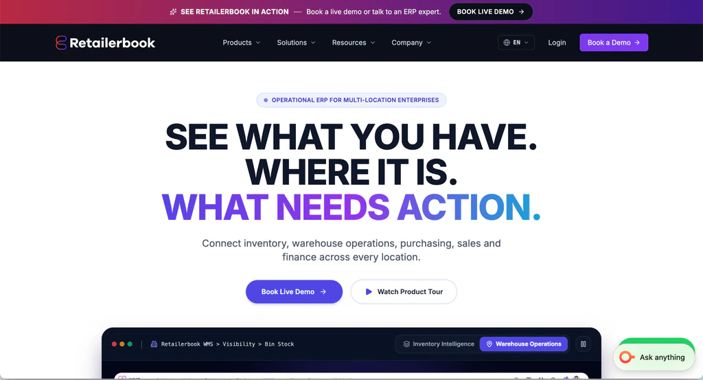 Retailerbook homepage: headline “See what you have. Where it is. What needs action.” above a product preview of warehouse bin stock.